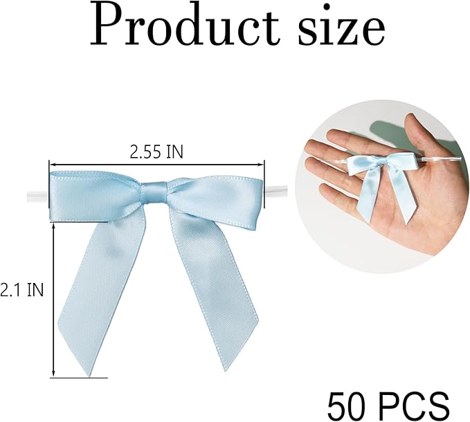 50Pcs Baby Blue Twist Tie Bows for Gift Wrapping 2.5" Satin Ribbon Bow for - Image 2
