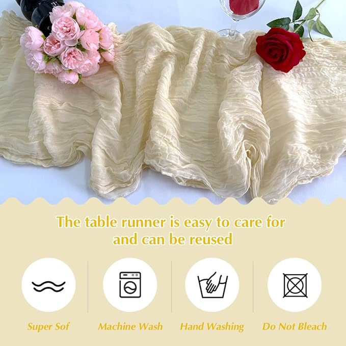 Beige Cheesecloth Table Runner -21*120Inch Long Boho Wedding Table Decor - Image 4