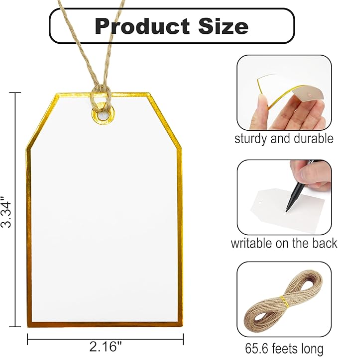 100Pcs Gold Gift Tags with String Attached Foil Gold Frame Large White Paper - Image 3
