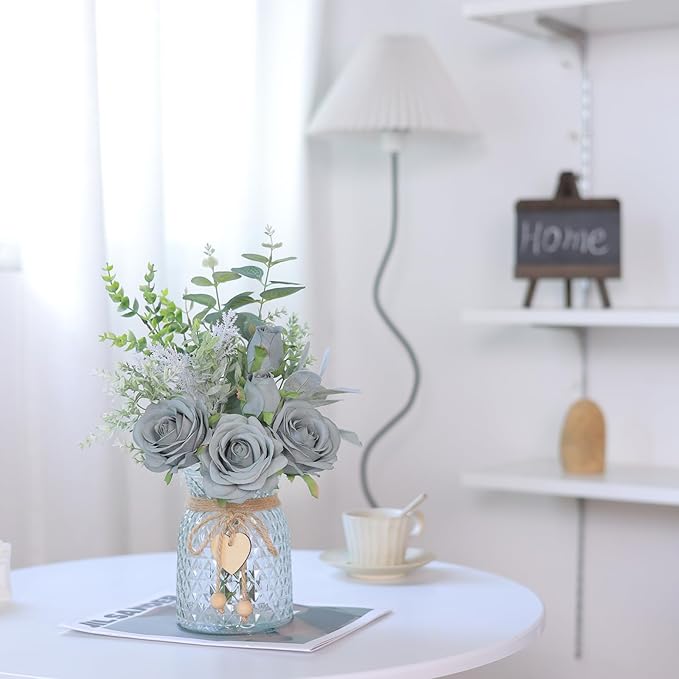 Faux Flowers with Vase, Artificial Silk Roses in Vase, Fake Plant Eucalyptus - Image 4