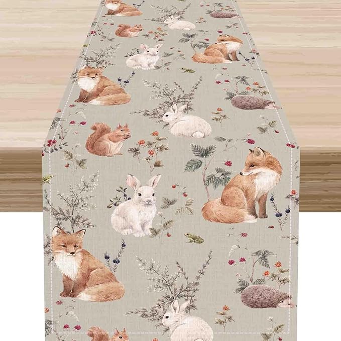 Rustic Forest Table Runner, Farmhouse Wild Woodland Animals Country Deer Fox by Unknown