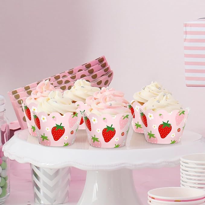 Whaline 36Pcs Strawberry Cupcake Wrappers Red Pink Strawberry Flower Cupcake - Image 4