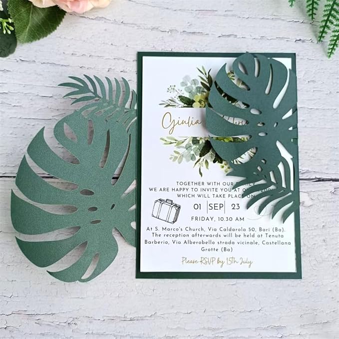 MillaSaw Emerage Green Laser Cut Invitation, Plame Wedding Laser Cut Jacket - Image 4