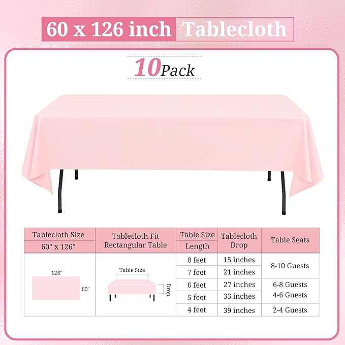 10 Pack Pink Tablecloths for 8ft Rectangle Tables 60 x 126 Inch - Image 2