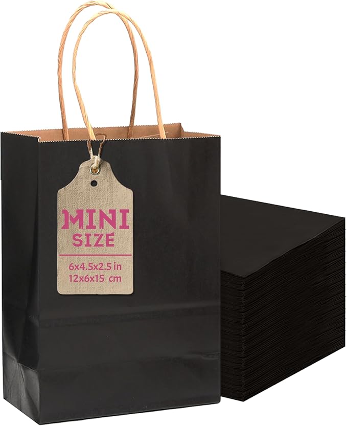 qiqee 25 Pcs Black Mini Paper Gift Bags 6"x4.5"x2.5" by Qiqee