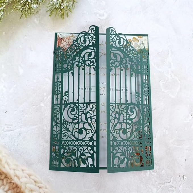 MillaSaw Dark Green Laser Cut Gate Invitation Sleeve DIY Wedding Invitation 25 - Image 5