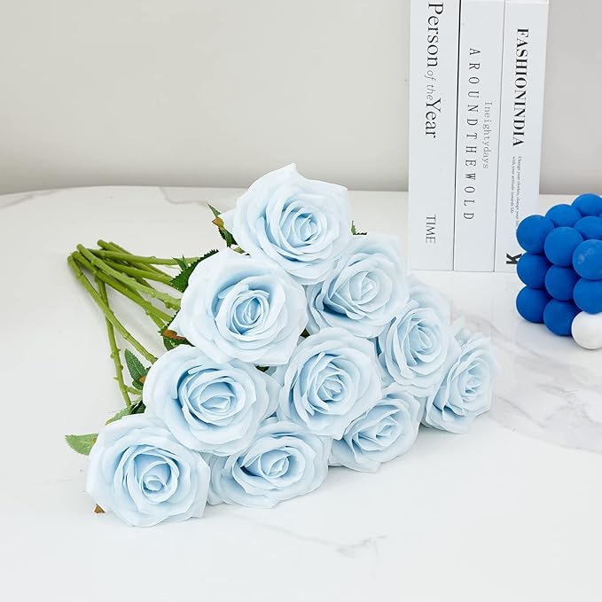 Artificial Rose 10pcs Ice Blue Open Flower Bouquet Faux Rose Stems - Image 5