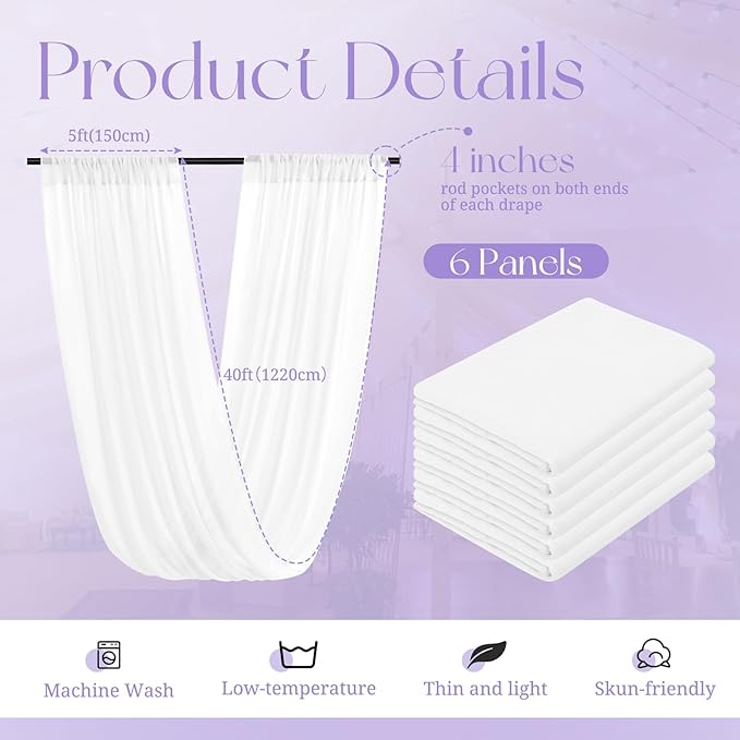 6 Panels White Ceiling Drapes for Wedding, 5ftx40ft Ceiling Drapes Cheesecloth - Image 2