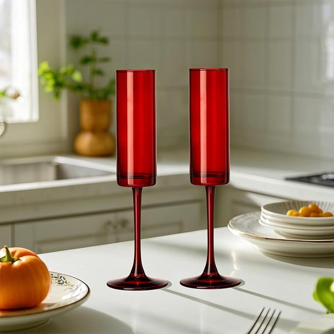 24 Pieces Red Champagne Flutes 6 OZ Straight Sided Wine Glasses Champagne Long - Image 5