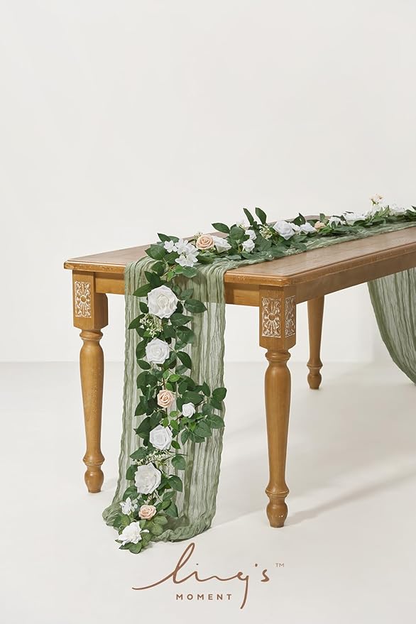 Ling's moment 5FT White Artificial Flower Garland Fake Rose Green Leaves Floral - Image 2