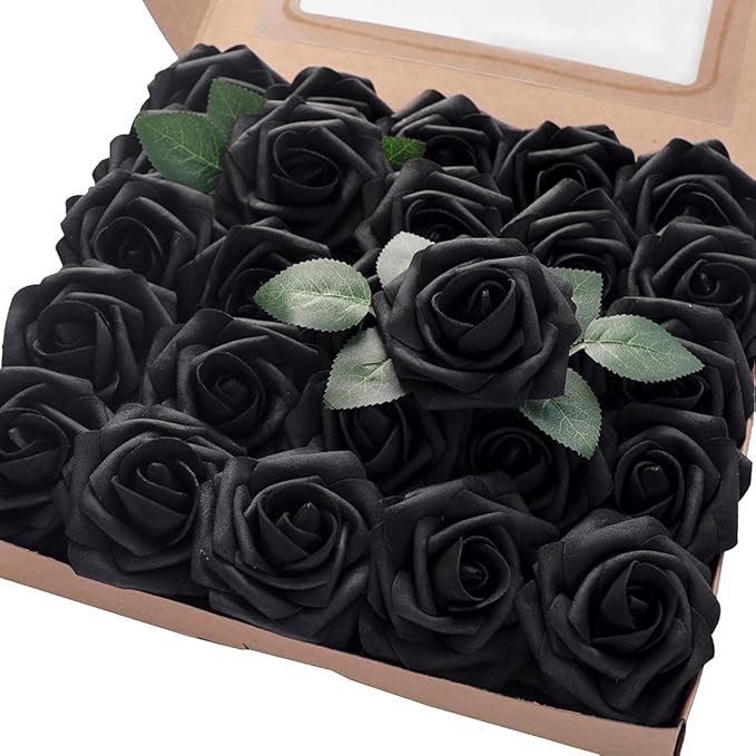 Floroom Artificial Flowers 25pcs Real Looking Black Foam Fake Roses by Floroom