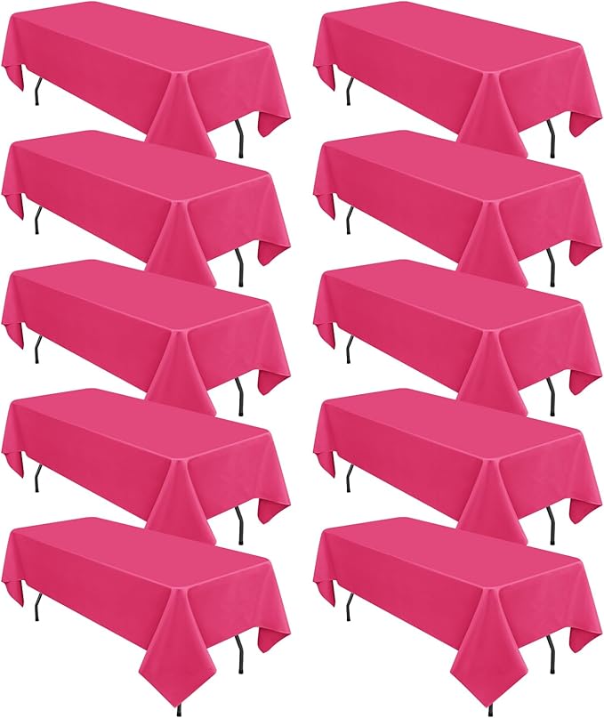 10 Pack Hot Pink Tablecloths for 6 Foot Rectangle Tables 60 x 102 Inch - 6ft by REWOMC