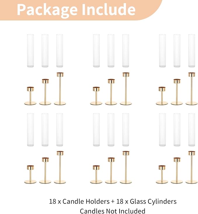 NUPTIO Hurricane Glass Candles Holder: 18 Pcs Gold Taper Candle Stick Holder - Image 8
