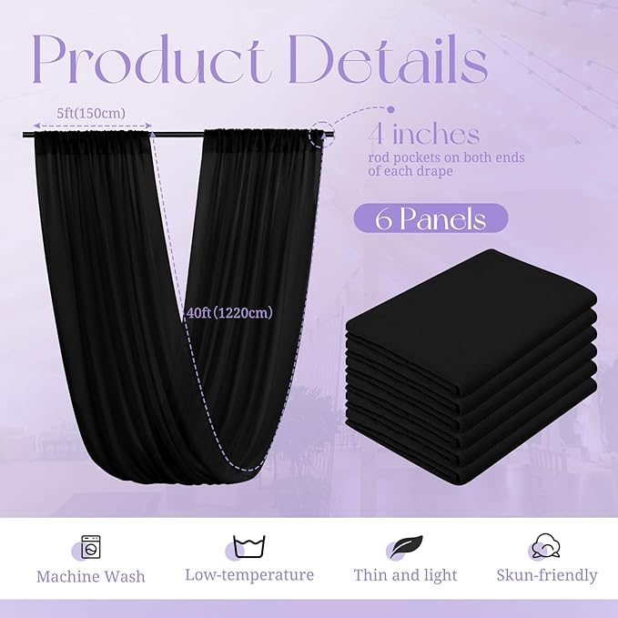 6 Panels Black Ceiling Drapes for Wedding, 5ftx40ft Ceiling Drapes Cheesecloth - Image 2