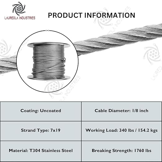 Laureola 1/8" 7x19 Stainless Steel Aircraft Wire Rope 304 Grade - Image 4