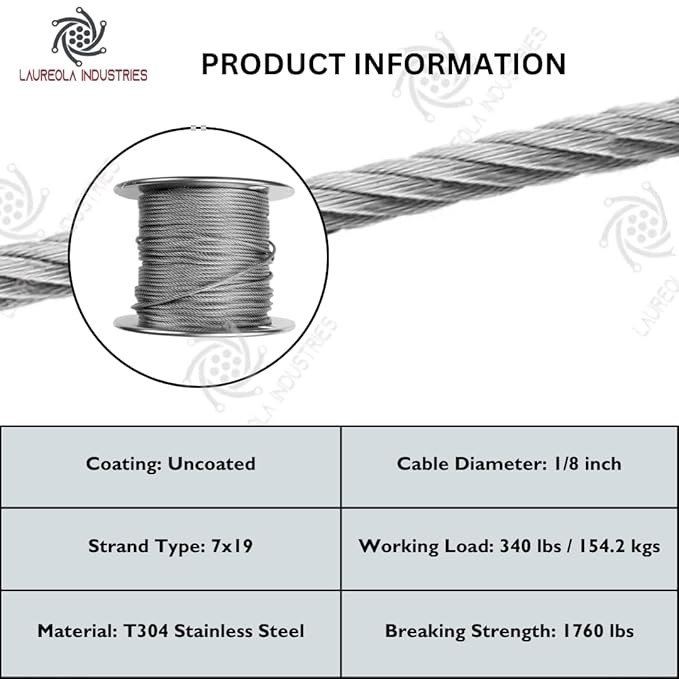 Laureola 1/8" 7x19 Stainless Steel Aircraft Wire Rope 304 Grade - Image 4