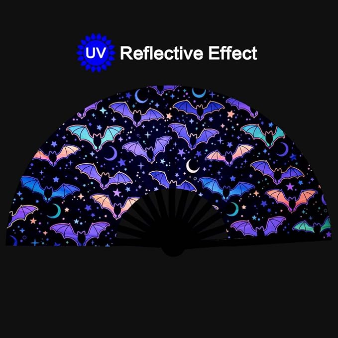 UV Glow Rave Fan, Bamboo Folding Clack Hand Fan - Image 2