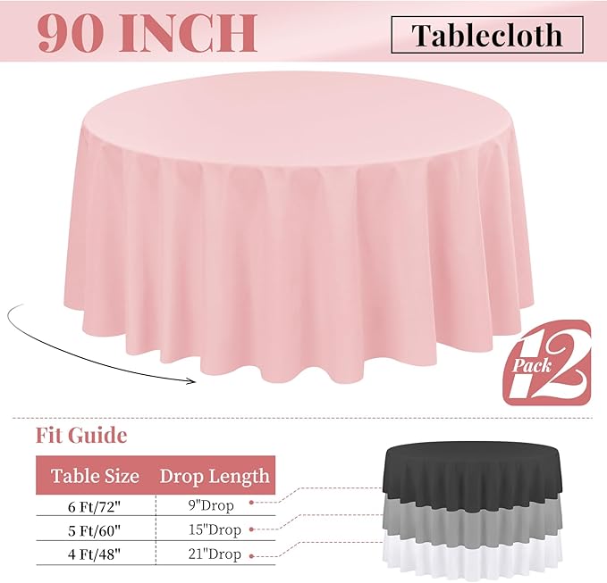 fani 12 Pack 90 Inch Round Tablecloth Pink Polyester Fabric Table Cloth - Image 2