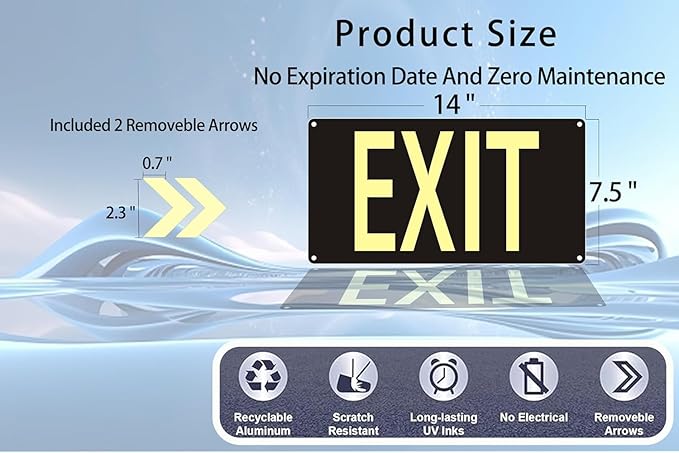 Photoluminescent Exit Sign Black, 14.25"x 7.5" Glow In The Dark Exit Signs - Image 4