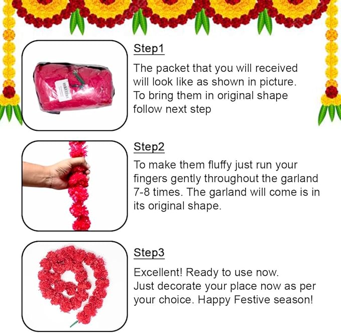 Artificial Marigold Garland for Decoration, Diwali Decorations Pack of 5 - Image 2