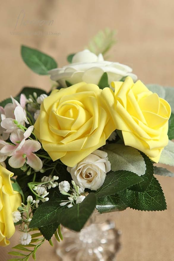 Floroom Artificial Flowers 25pcs Real Looking Canary Yellow Foam Fake Roses - Image 6