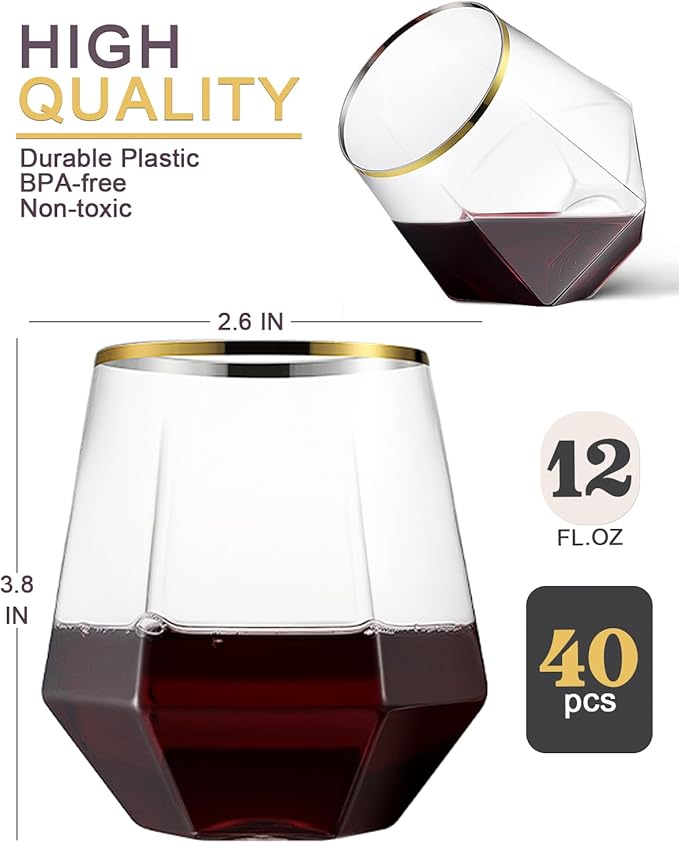 40 Pcak Plastic Stemless Wine cocktail Whiskey Champagne Glasses, 12 Oz Gold - Image 6