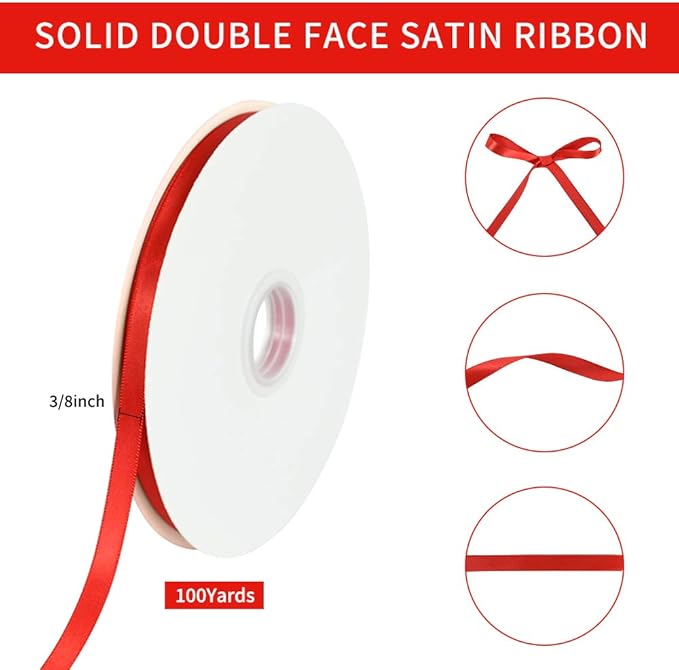 TONIFUL 3/8 Inch x 100yds Red Satin Ribbon Thin Solid Fabric Ribbons Roll - Image 2