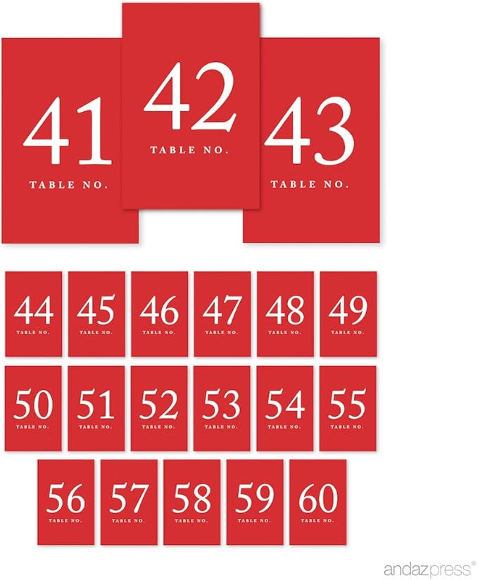 Andaz Press Red Wedding Table Numbers 41-60, 4x6-Inches Table Number Cards by AndazPress