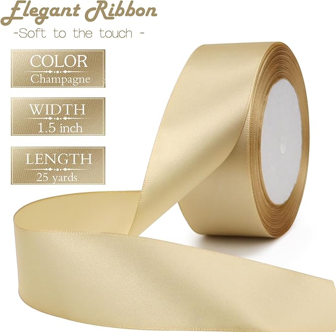 Champagne Solid Satin Ribbon 1-1/2 Inch 25 Yards Solid Polyester Fabric Ribbon - Image 2