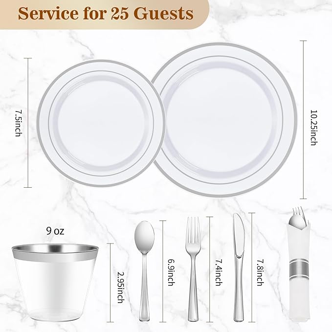 BESTVIP 175PCS Silver Plastic Dinnerware Set, Disposable Party Plates - Image 4