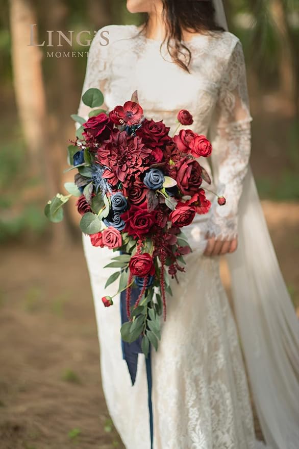 Ling's moment Navy Blue Burgandy Bridal Bouquet Cascading, Jewel Tone Wedding - Image 4