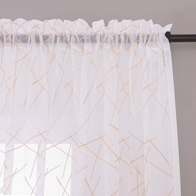 Sheer Beige Curtains 95 Inches Embroidered Branch Patterned Semi Sheer Window - Image 3