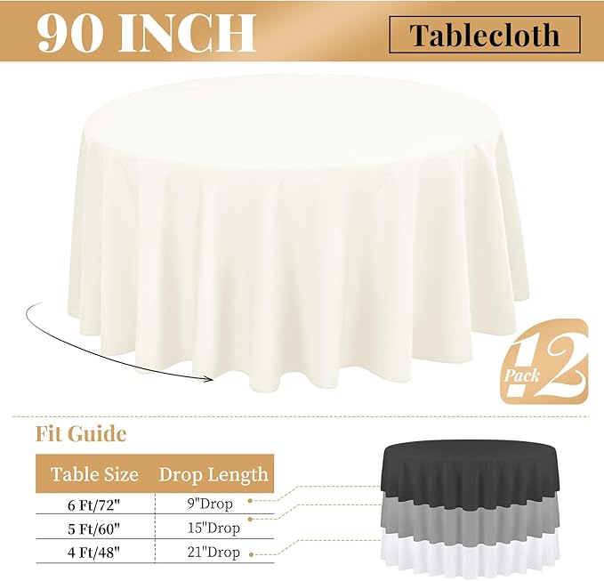 fani 12 Pack 90 Inch Round Tablecloth Ivory Polyester Fabric Table Cloth - Image 2