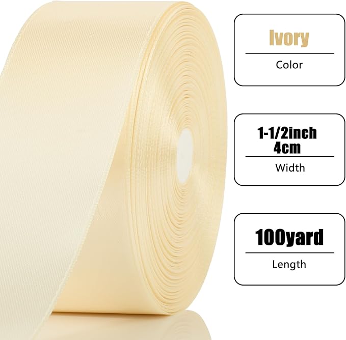 NESCCI 100 Yards Ribbon, 1-1/2 Inch Ivory Satin Ribbon, Single Face Satin - Image 2