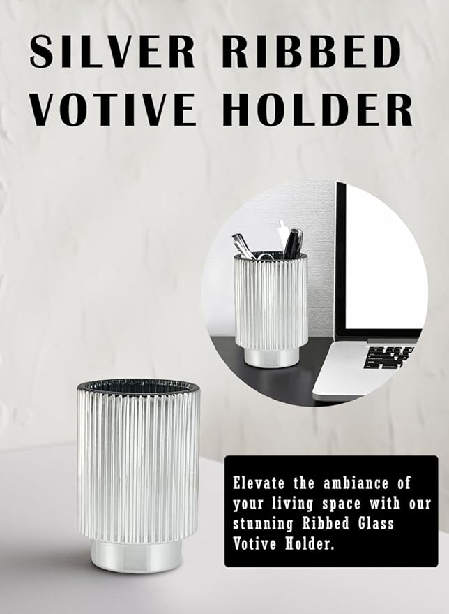 Serene Spaces Living Silver Ribbed Pedestal Glass Votive Holder, Table - Image 6