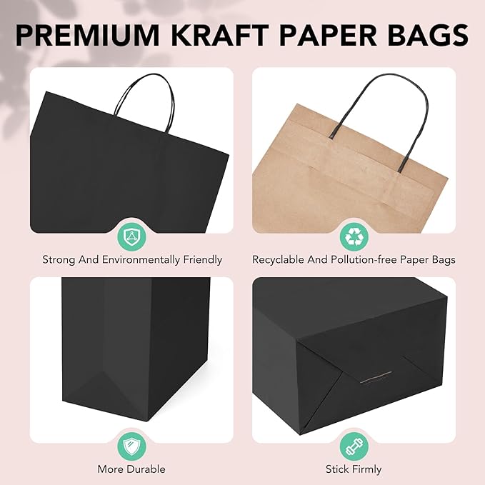 METRONIC 25 Pack Large Black Paper Gift Bags 16X6X12 Inches, Shopping Kraft - Image 7