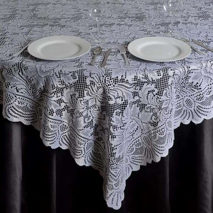 Efavormart 90" x 90" White Square Lace Table Overlay - Image 2