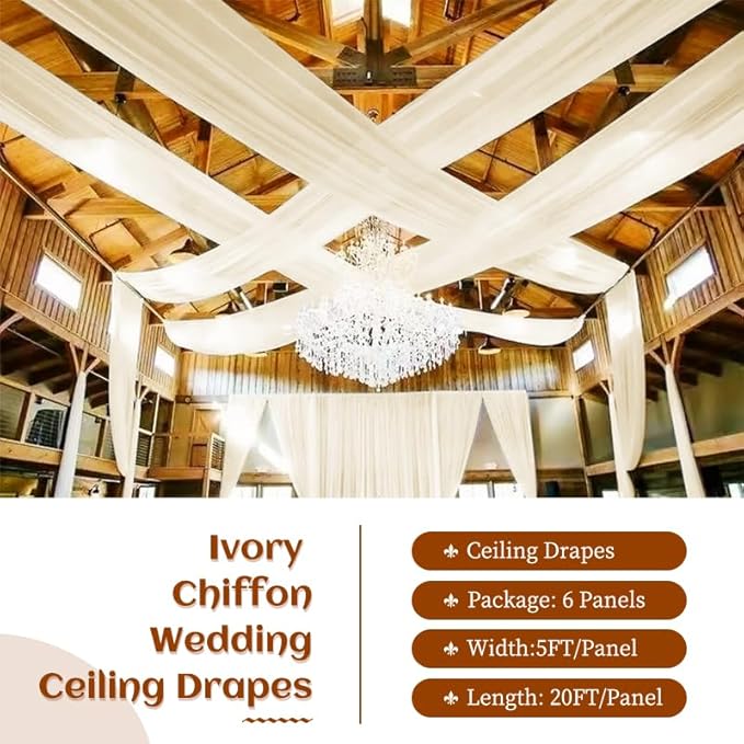 6 Panels Ivory Ceiling Drapes 5ftx20ft Wedding Ceiling Drapes Chiffon Fabric - Image 2