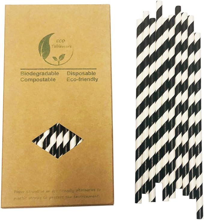 Biodegradable Black Striped Paper Straws by BOFAEcoTableware