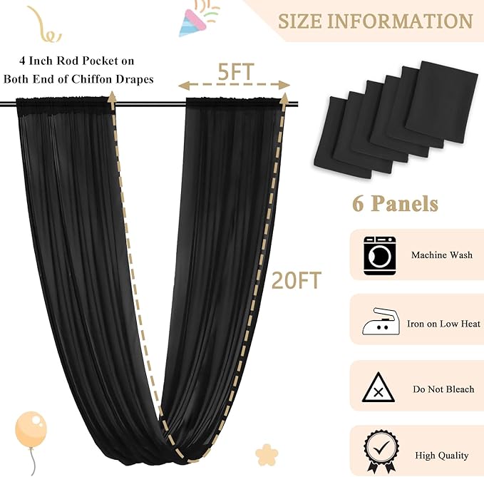 MODFUNS Black Ceiling Drapes Wedding Arch Draping Fabric 5x20ft 6 Panels - Image 2