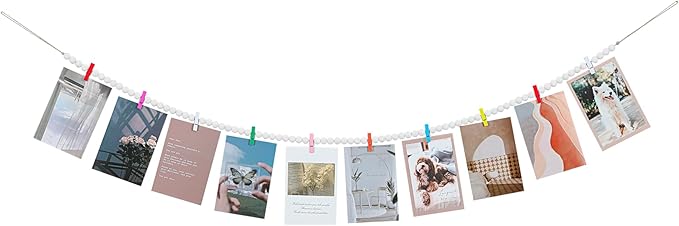 Hanging Photo Display with Clips, Boho Wooden Bead Garland Collage Picture by KLOGTSINDDirect