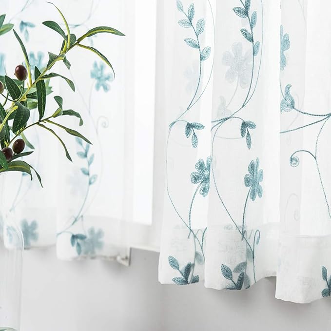 Sheer Curtains Blue 45 Inch Embroidered Floral, Rod Pocket Voile Drapes - Image 4