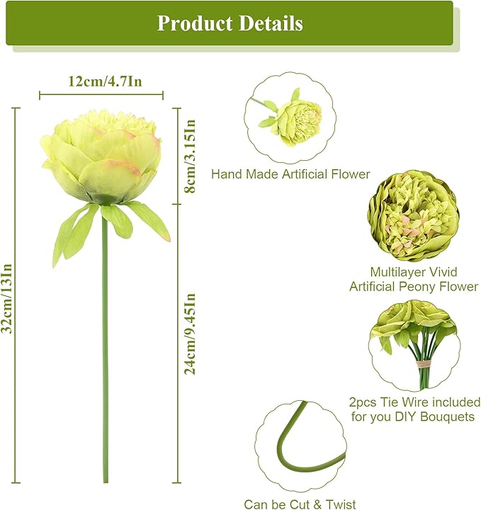 U'Artlines 10 Heads Artificial Peony Silk Flower Leaf Home Office Wedding Party - Image 3