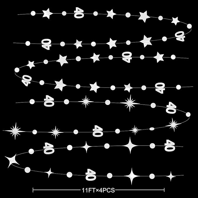 Silver 40th Birthday Decorations Number 40 Circle Dot Twinkle Star Garland - Image 2