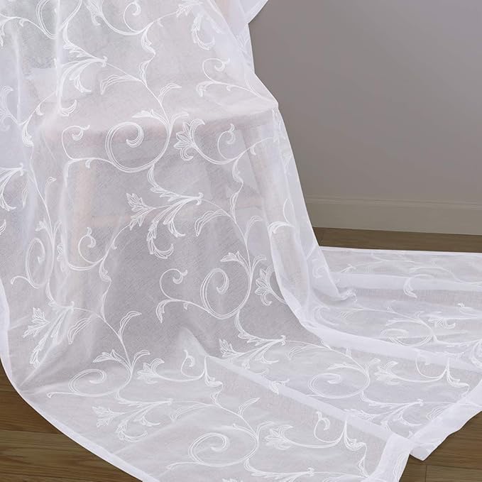 Floral Embroidery Sheer Curtains White 45 Inch Length, Vintage Rod Pocket Voile - Image 2