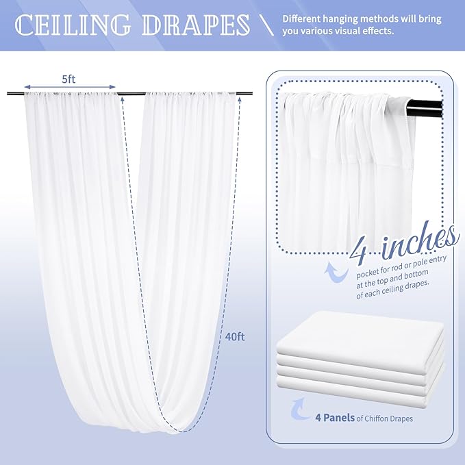 4 Panels White Ceiling Drapes for Wedding 5ftx40ft Chiffon Fabric Arch Draping - Image 2