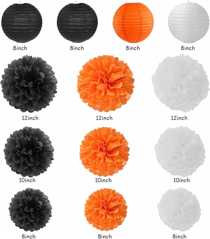 Orange-Black White Party-Decorations Paper-Flowers Lanterns - Image 3
