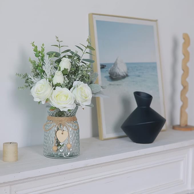 Faux Flowers with Vase, Artificial Silk Roses in Vase, Fake Plant Eucalyptus - Image 3