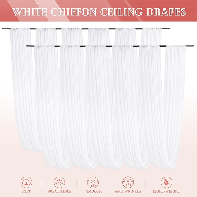 10 Panels White Ceiling Drapes for Wedding 5ftx30ft Sheer Drapery Chiffon - Image 7