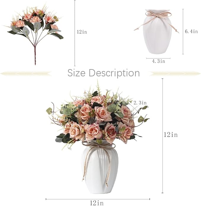 LESING Artificial Rose with Vase, Fake Silk Flowers Bouquets in Vase Table - Image 4